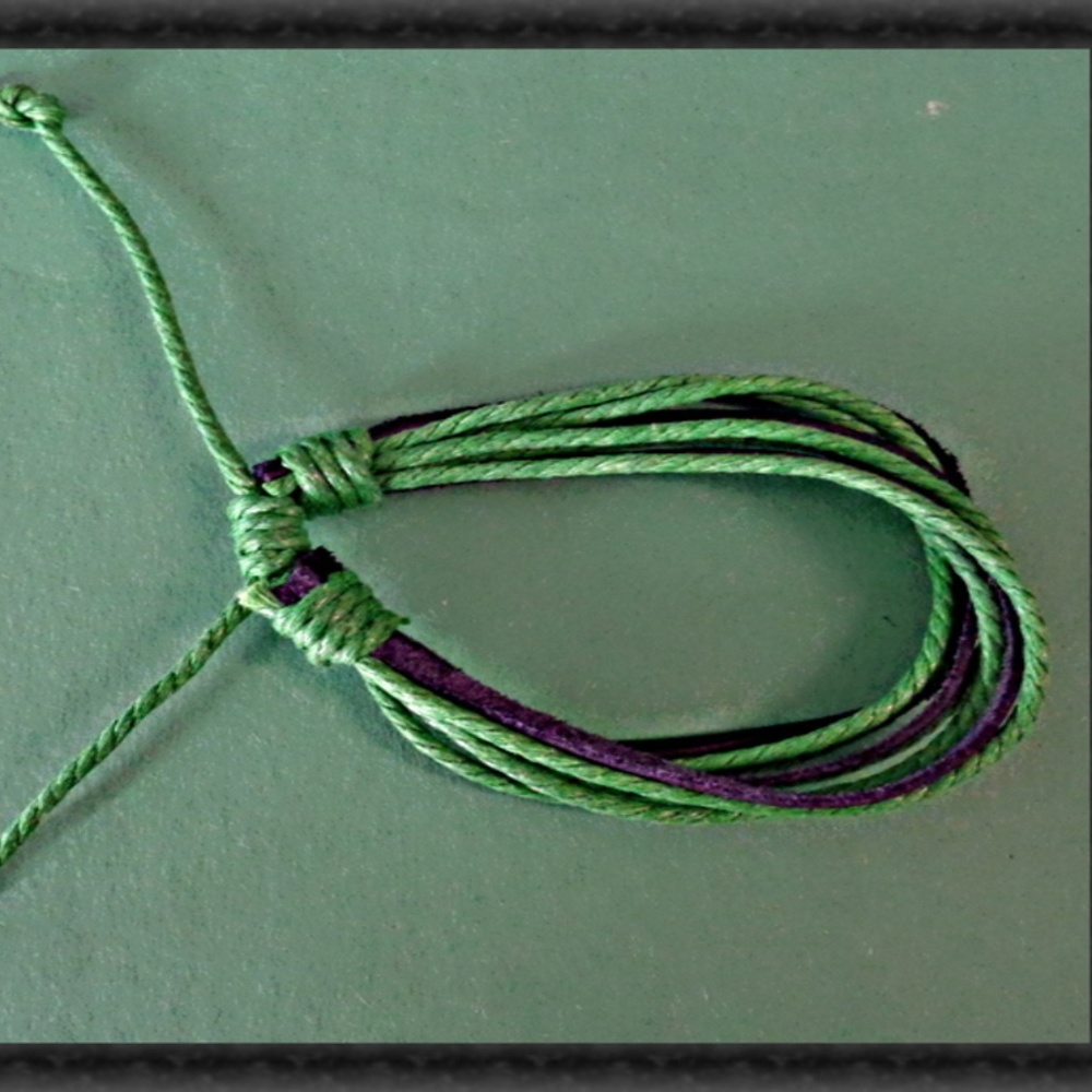 Handmade Black Leather & Green Rope Bracelet